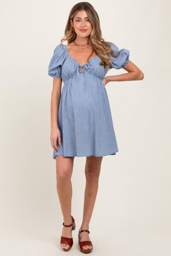 blue striped chambray front tie maternity mini dress