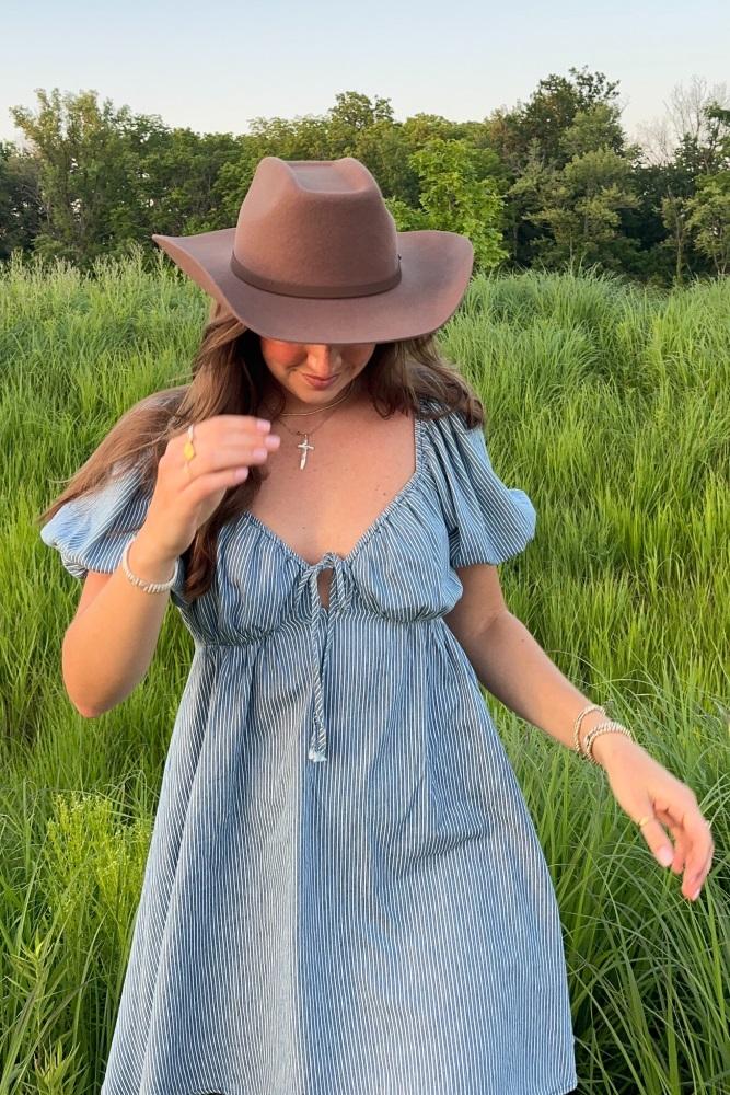 blue striped chambray front tie mini dress