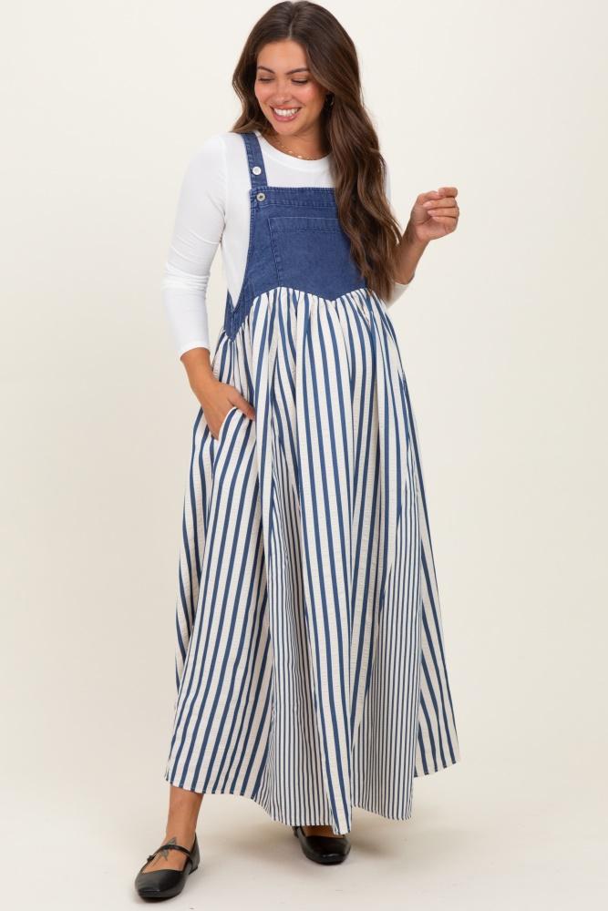 blue striped colorblock denim contrast maternity maxi dress