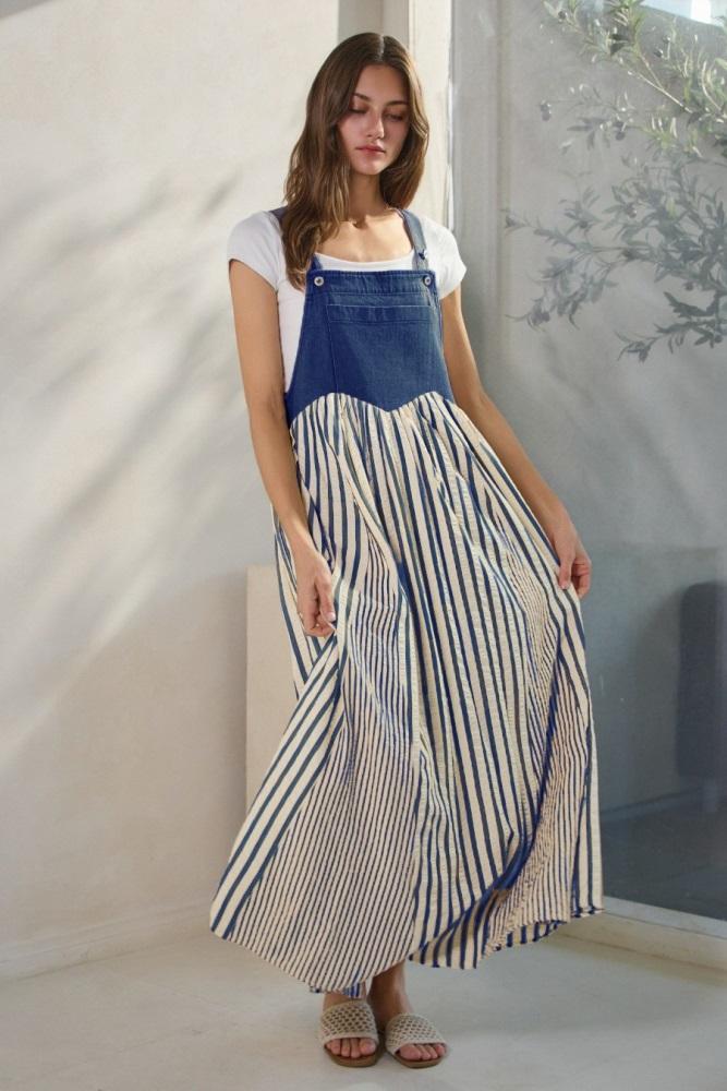 blue striped colorblock denim contrast maxi dress