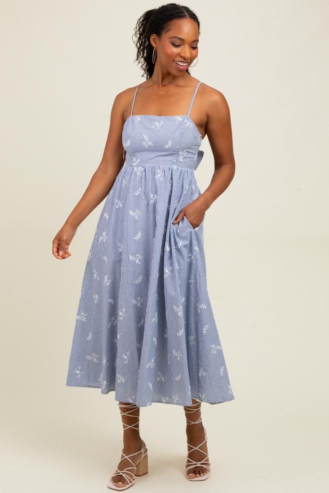 blue striped embroidered tie back cutout midi dress