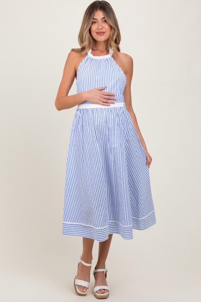 blue striped halter maternity tie back cutout maternity midi dress