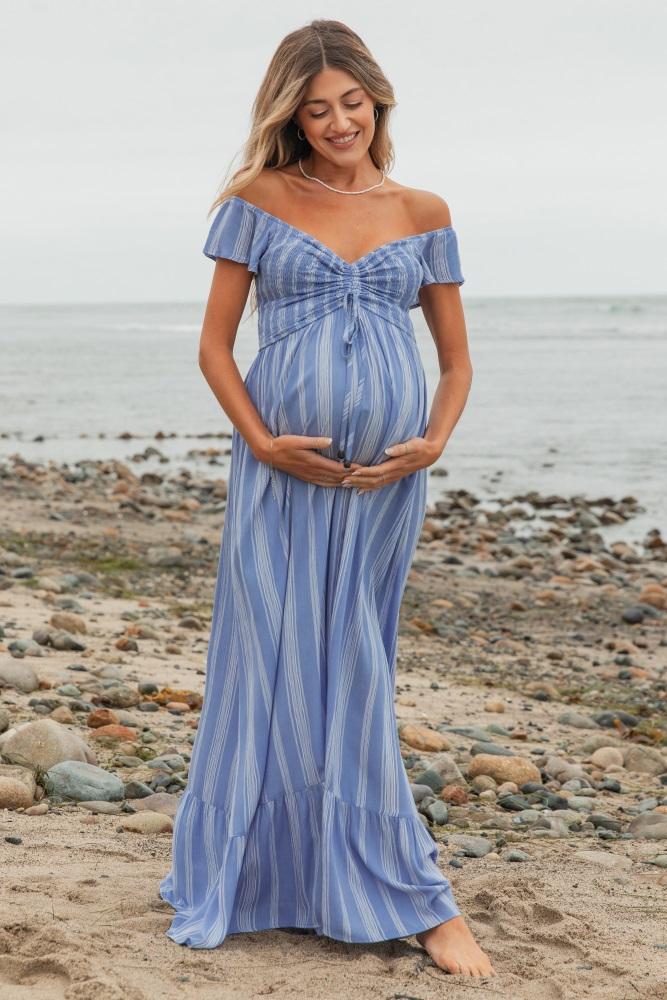 blue striped off shoulder front tie maternity maxi dress