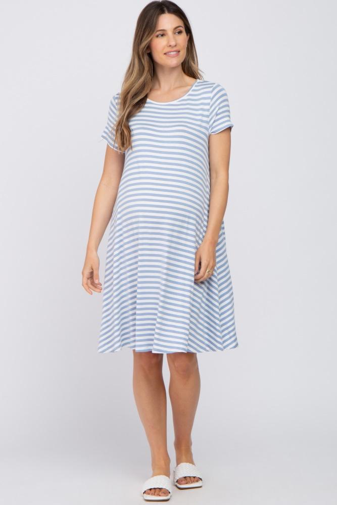 blue striped short sleeve maternity dress