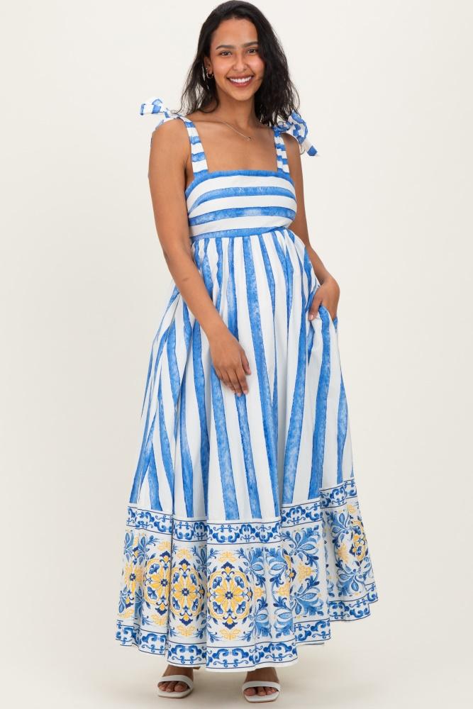 blue striped shoulder tie printed hem maternity midi dress