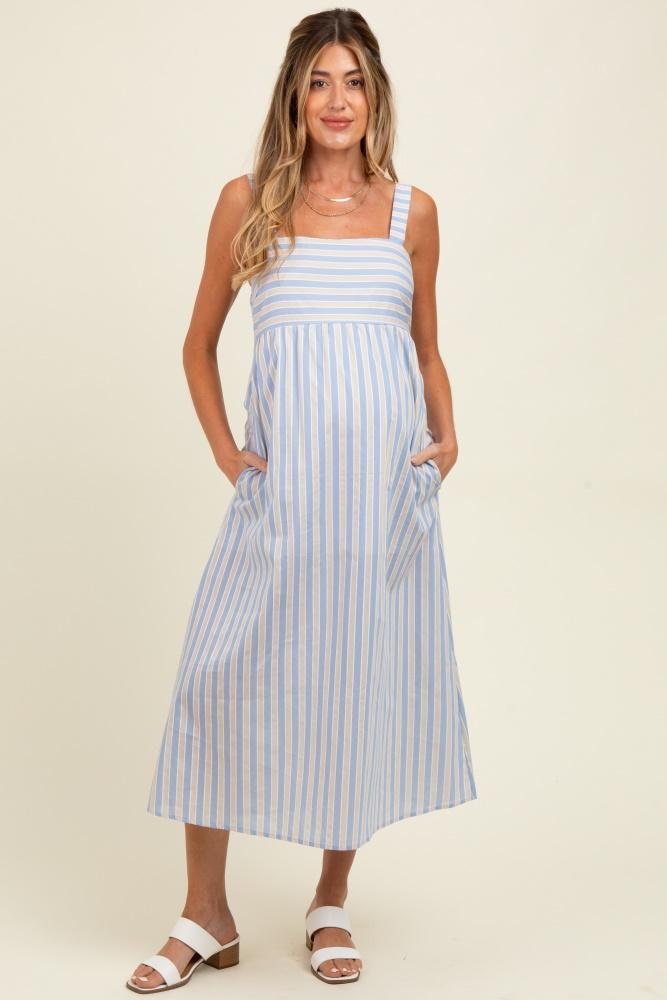 blue striped sleeveless maternity midi dress