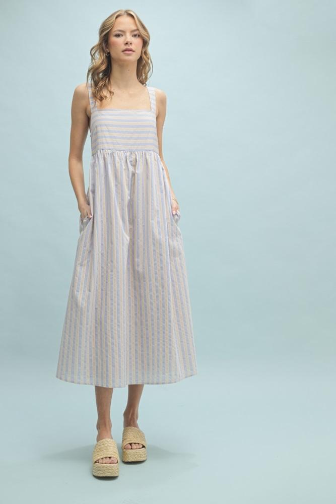 blue striped sleeveless midi dress