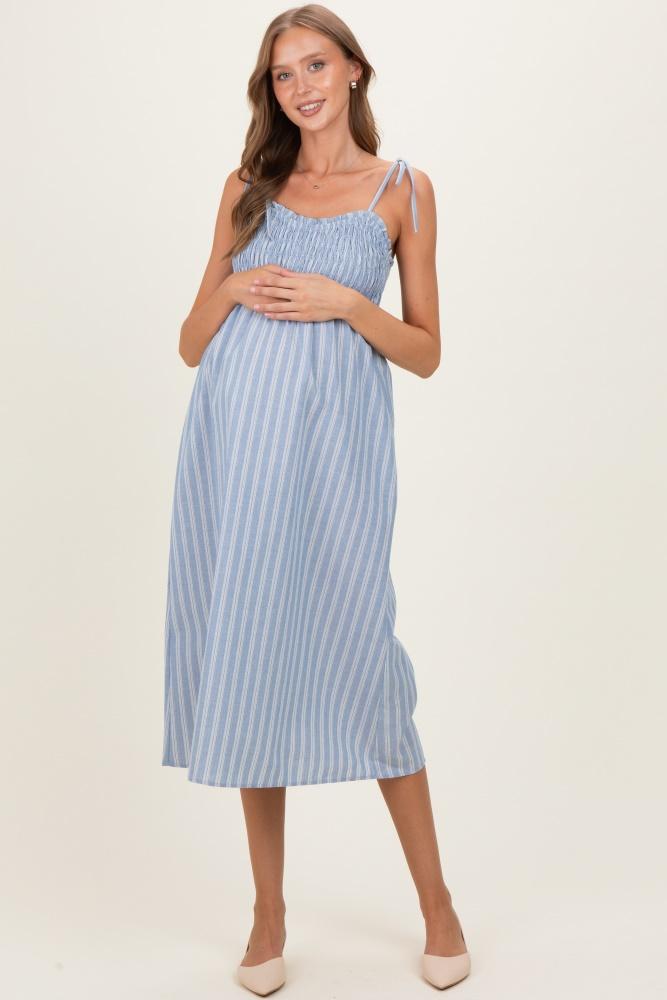 blue striped smocked shoulder tie maternity midi dress