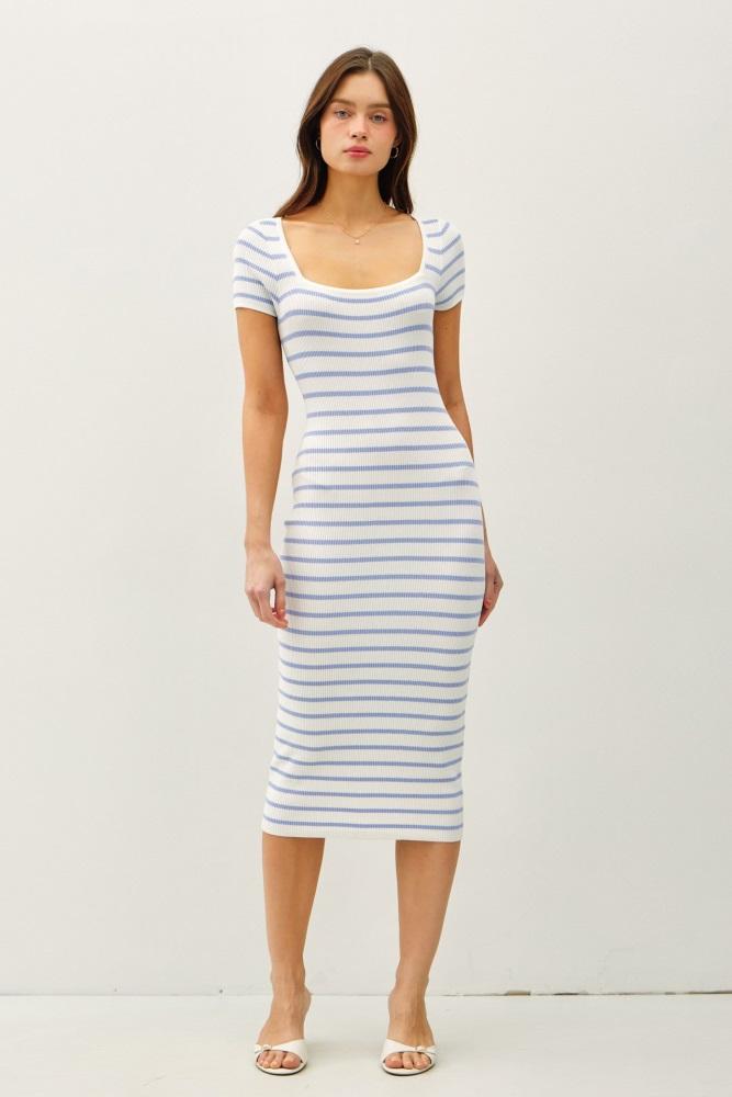 blue striped square neck short sleeve midi dress