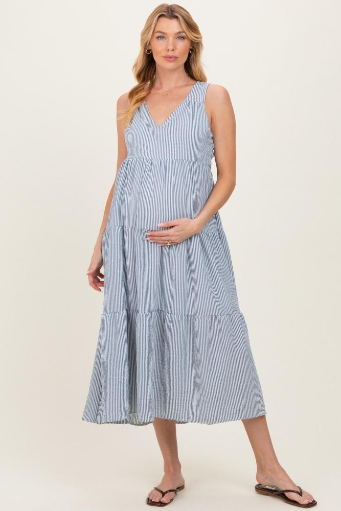 blue striped v-neck sleeveless tiered maternity midi dress