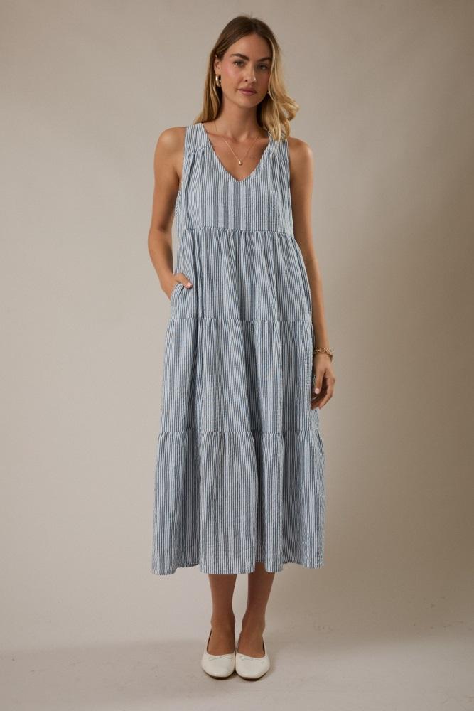 blue striped v-neck sleeveless tiered midi dress