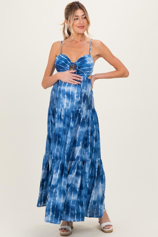 blue tie dye cutout tie back maternity maxi dress