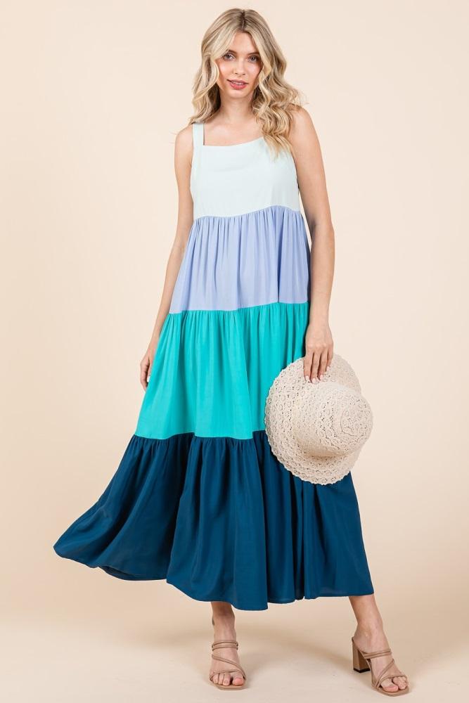 blue tiered colorblock maxi dress