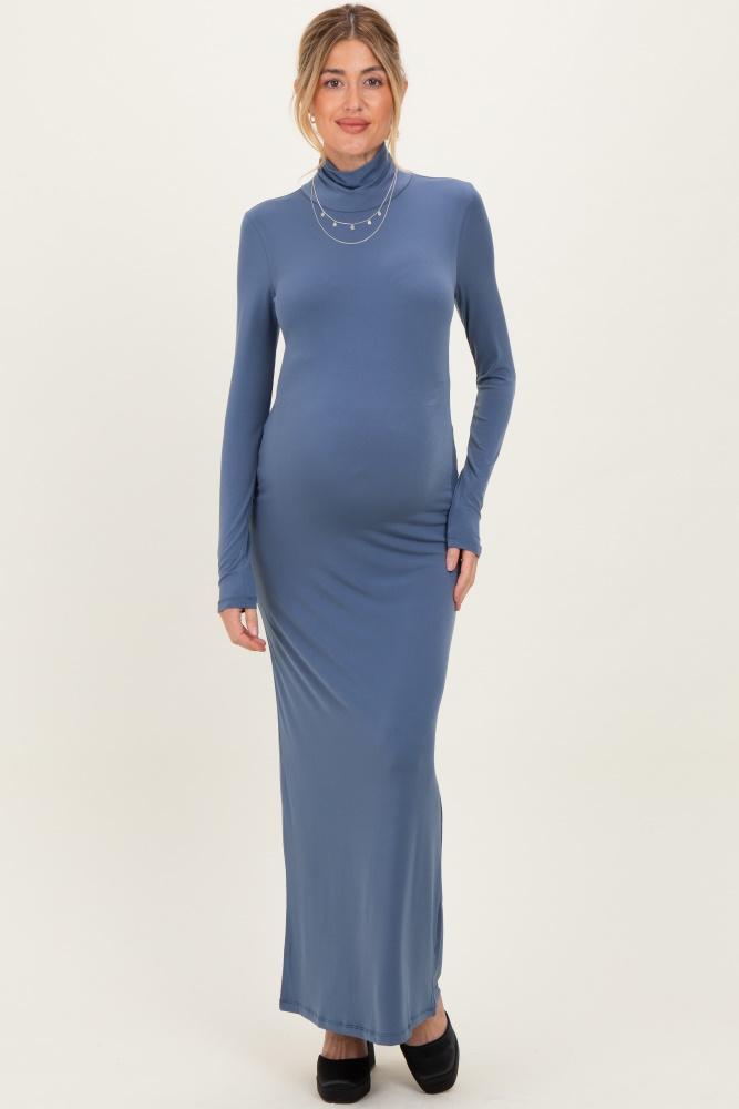 blue turtleneck long sleeve maternity maxi dress
