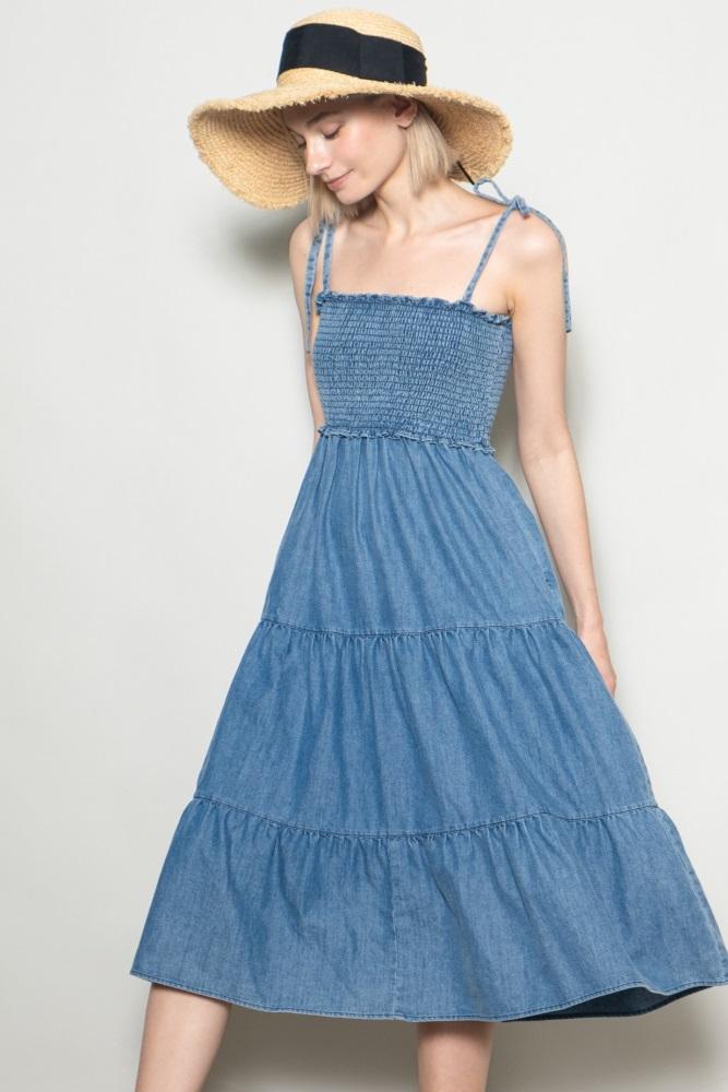 blue vintage wash denim smocked dress