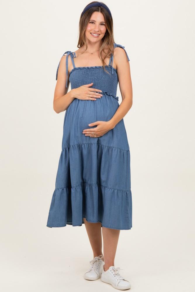 blue vintage wash denim smocked maternity dress