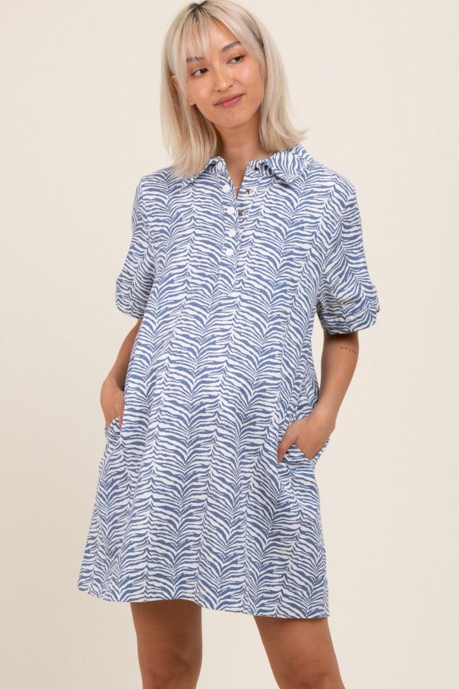 blue zebra print pocketed maternity mini dress