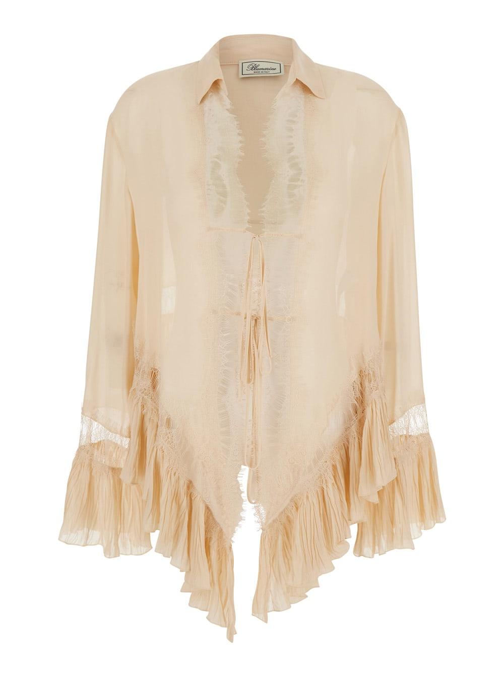 blumarine beige blouse with pointed collar and all-over lace embellishment in viscose for women