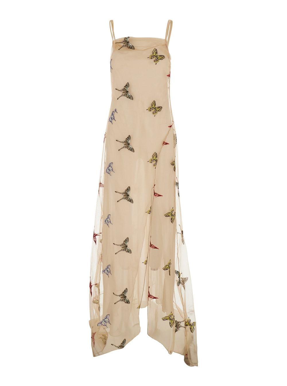 blumarine beige long dress embroidery net dress look21 with embroidered details in polyamide and polyester for women
