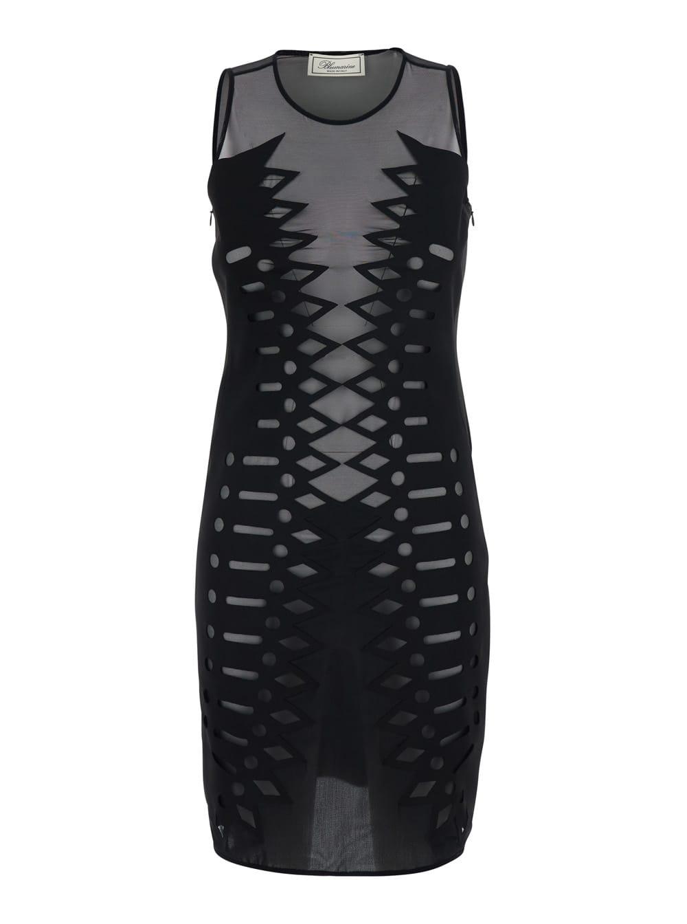blumarine black sleeveless dress with round neck and all-over embroidery in tech fabric for women