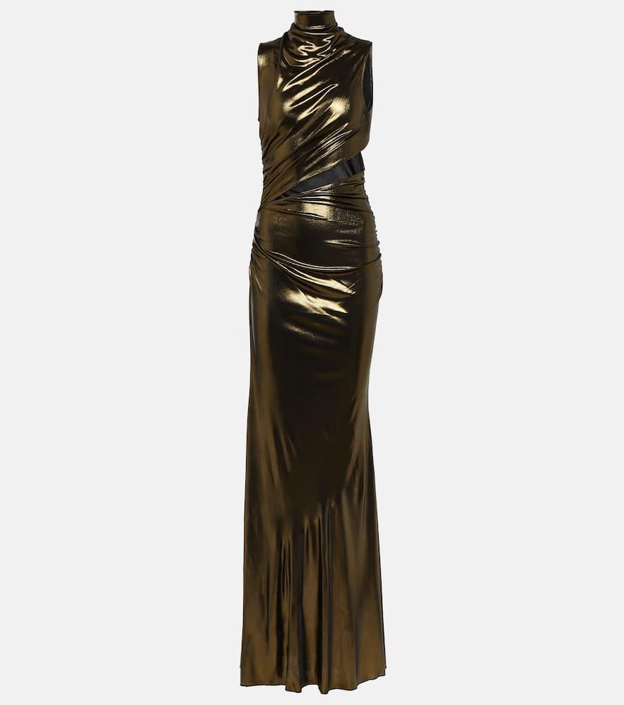 blumarine cutout ruched metallic gown