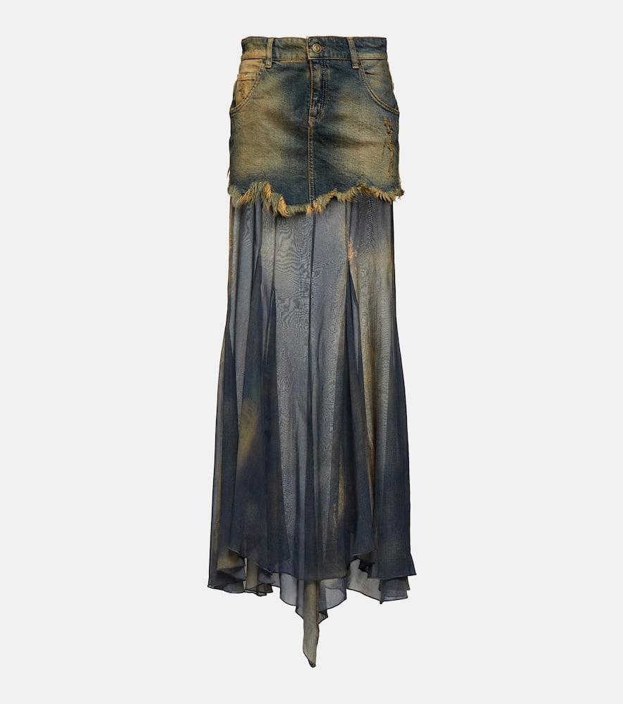 blumarine denim and silk chiffon maxi skirt