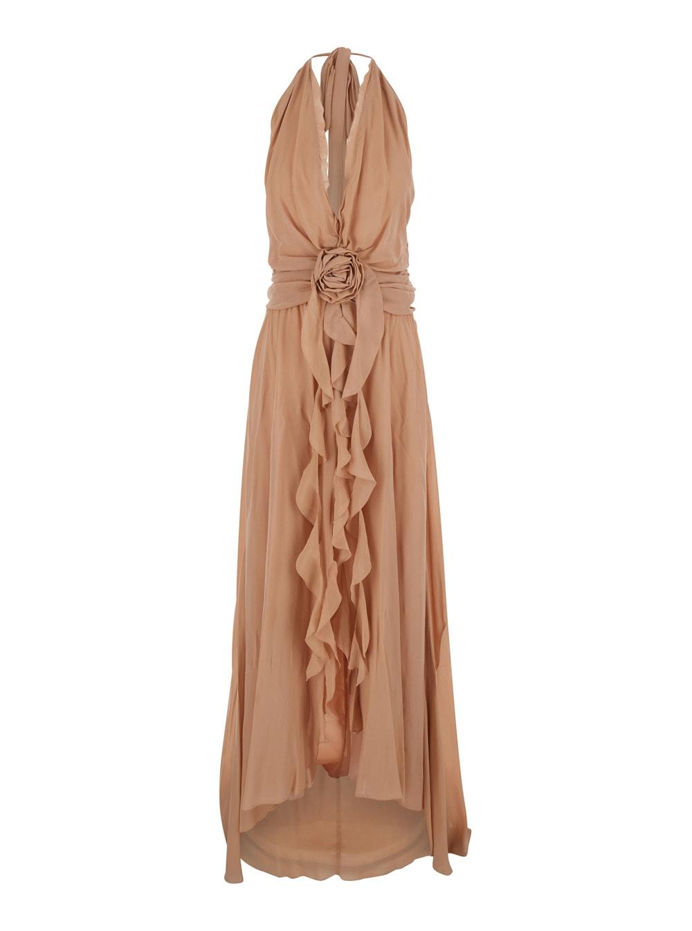 blumarine dress georgette long dress pink with v-neck and long sleeves in viscose for women