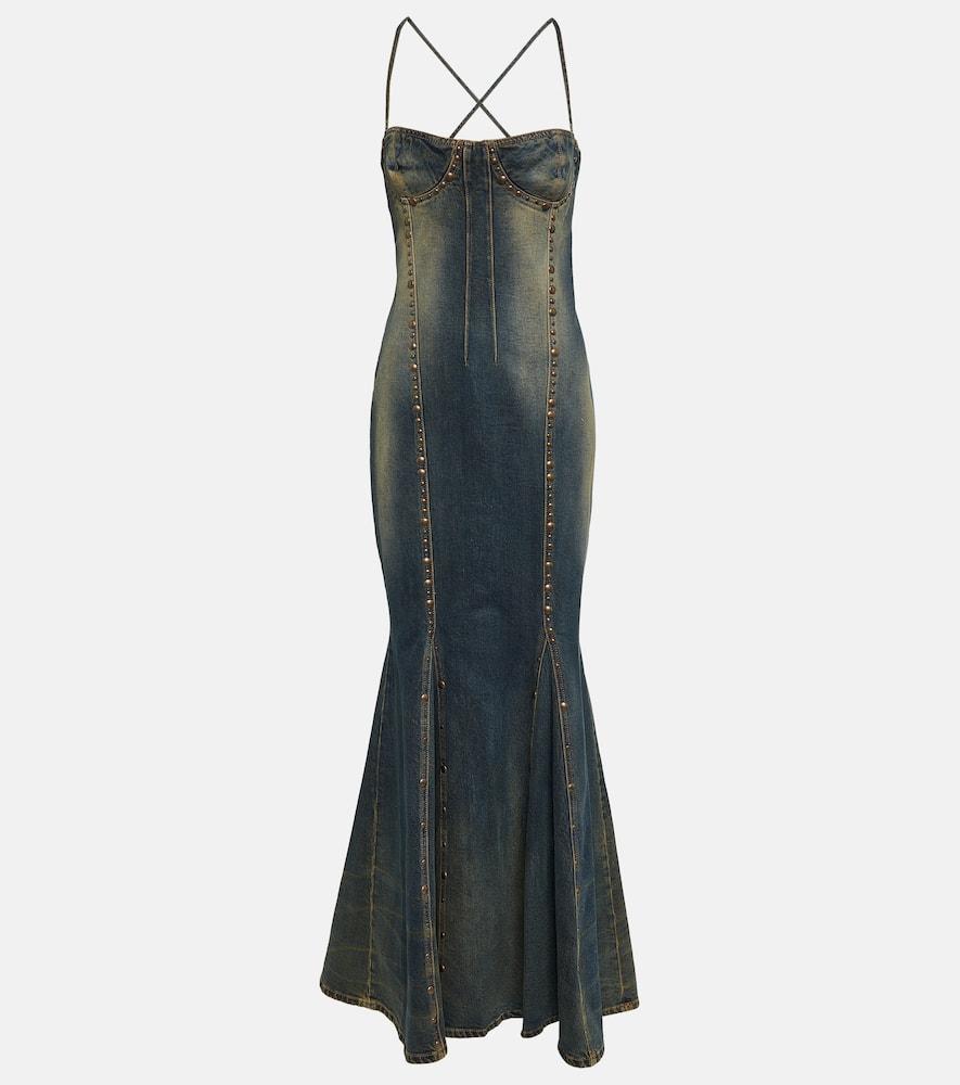 blumarine embellished denim gown