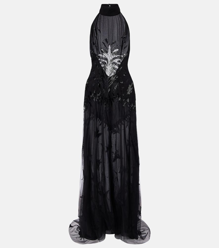 blumarine embellished georgette and lace maxi dress