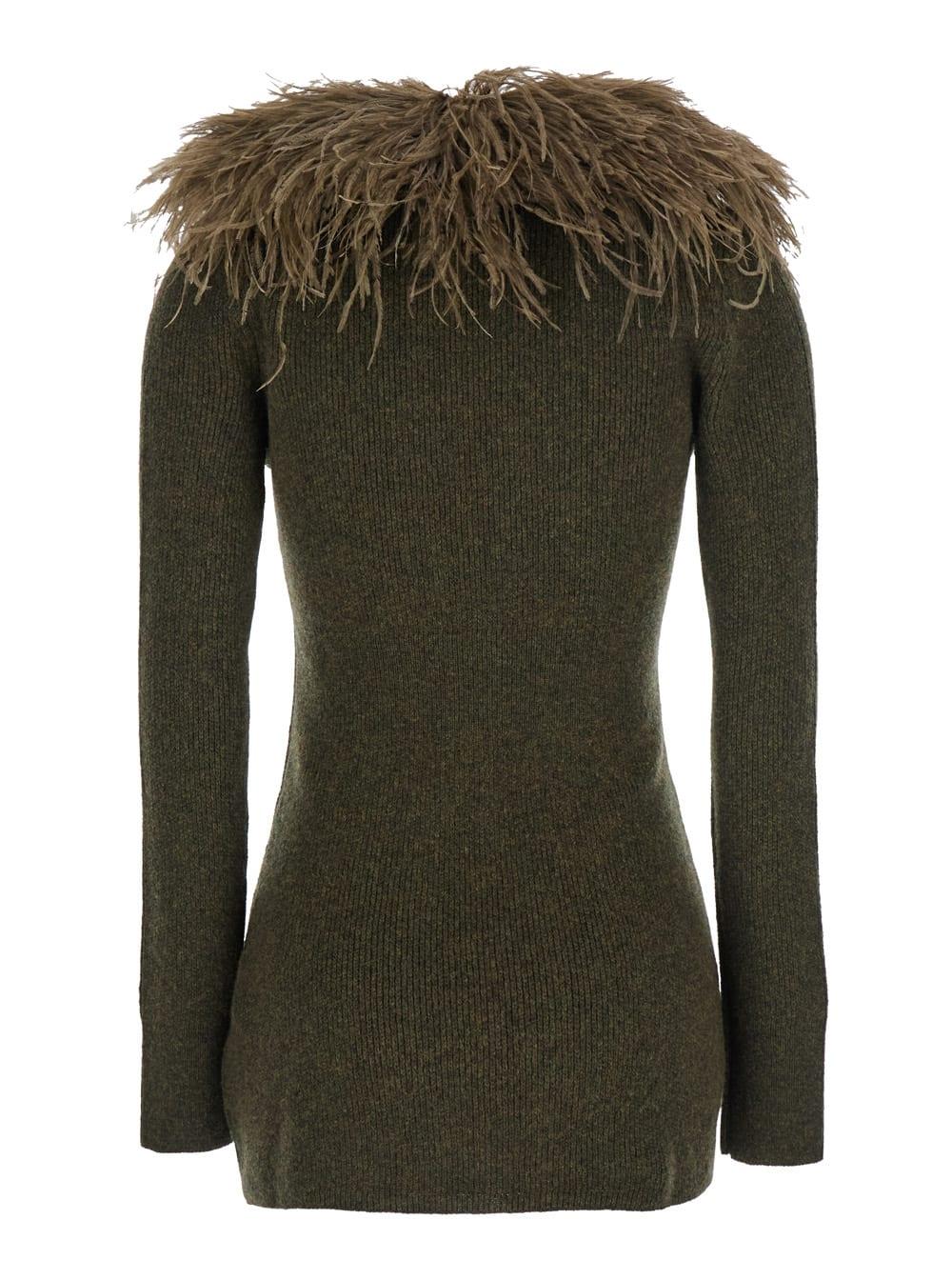 blumarine green cardigan with removable feather collar in wool woman