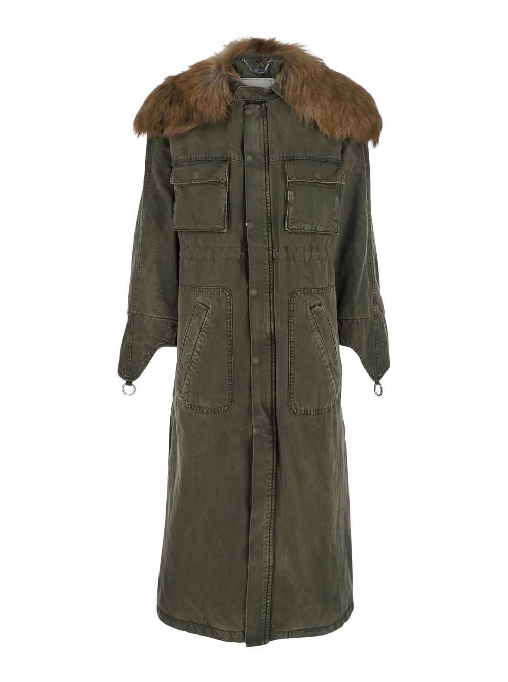 blumarine green long coat with removable fur detail in cotton woman