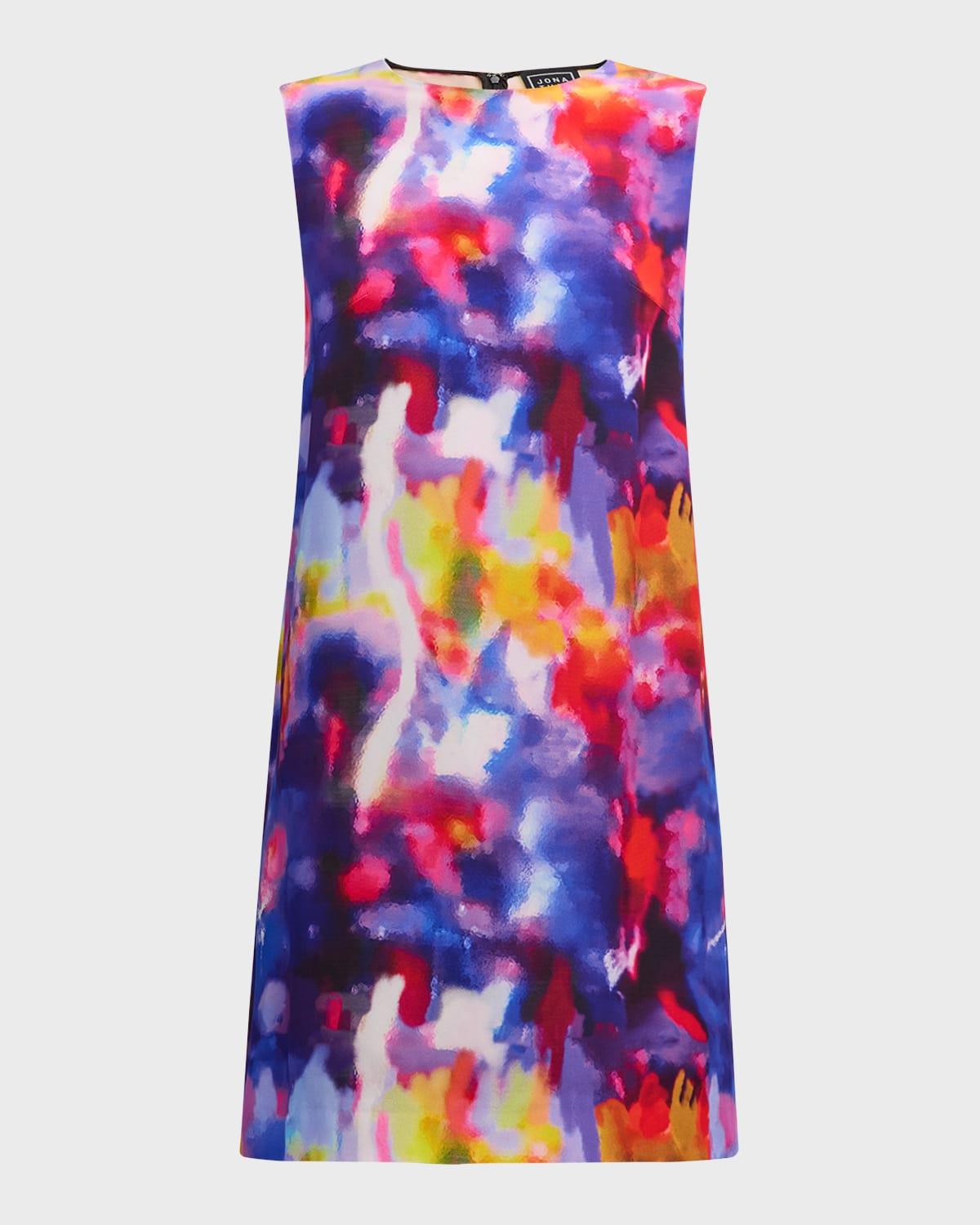 blur-print silk sleeveless mini shift dress