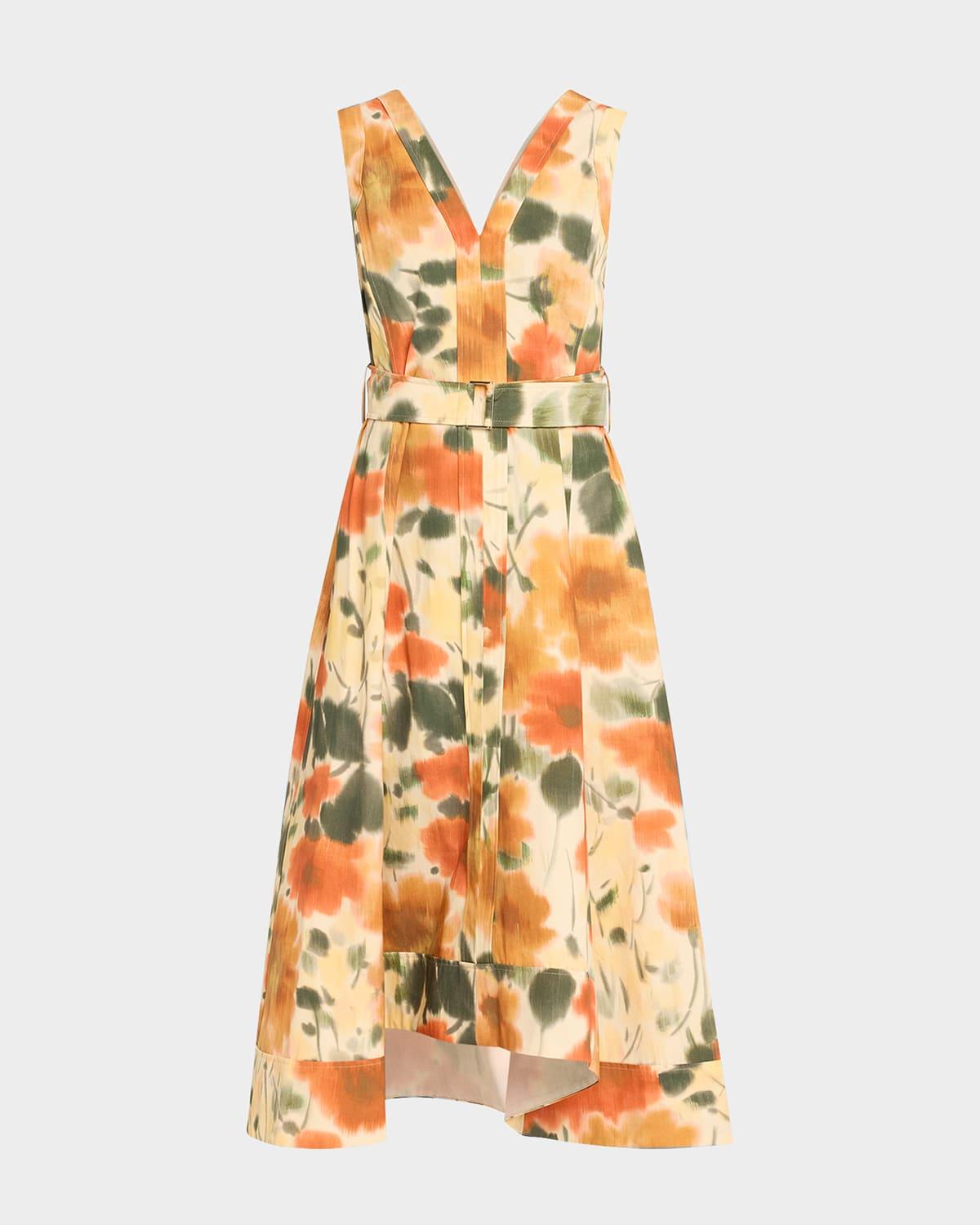 blurred marigold belted midi dress