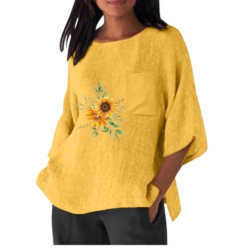 blusas de verano para mujer 2024 women summer tops 2024 cotton linen plus size crewneck floral blouse tops casual comfy 3/4 sleeve shirts with pocket linen tank tops for women summer yellow xl
