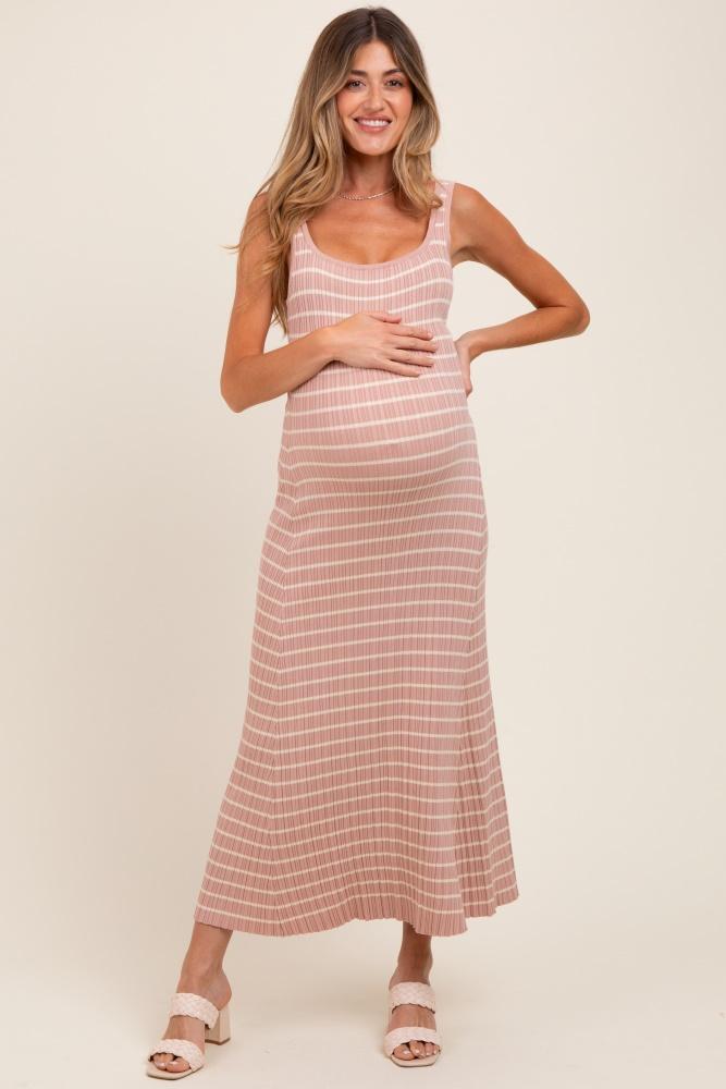 blush/cream lightweight rib fit and flare maternity midi dress