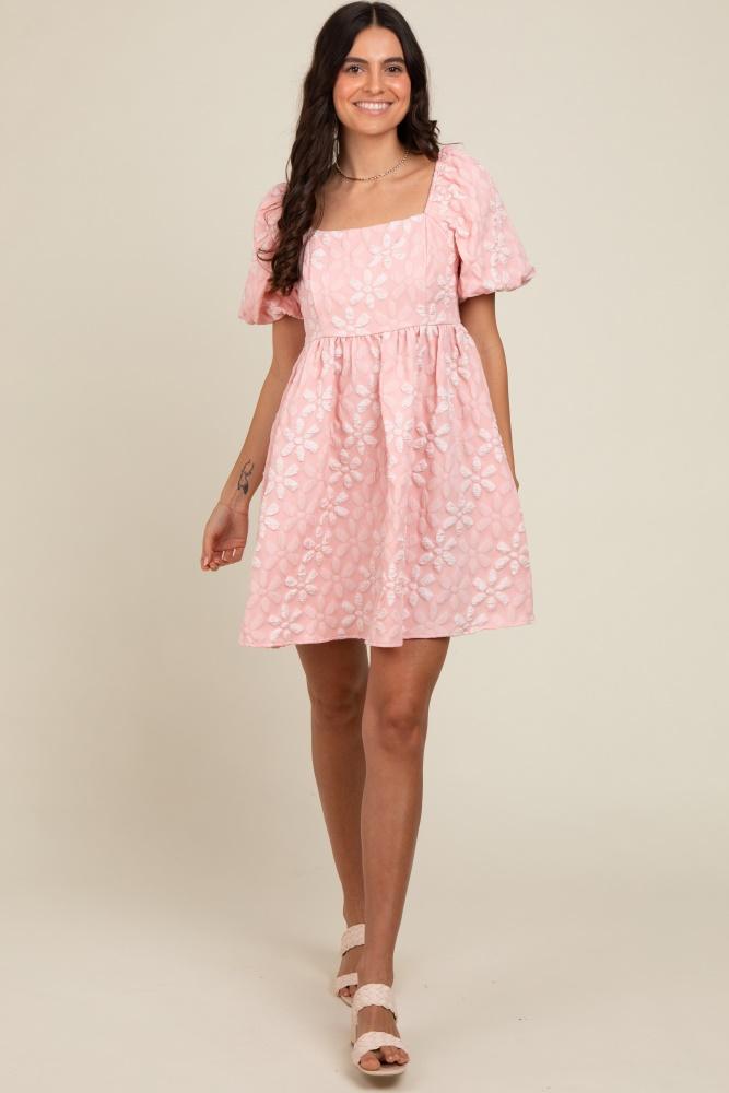 blush floral embossed puff sleeve dress