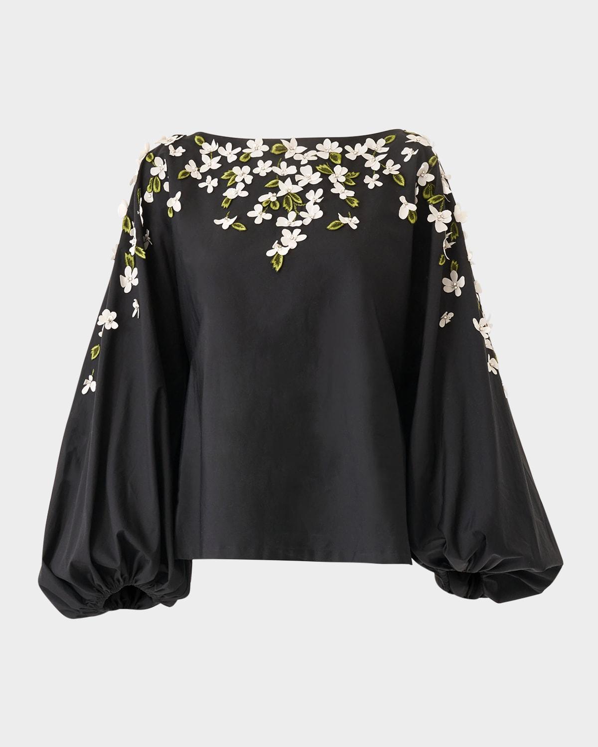 boat-neck floral embroidered balloon-sleeve top