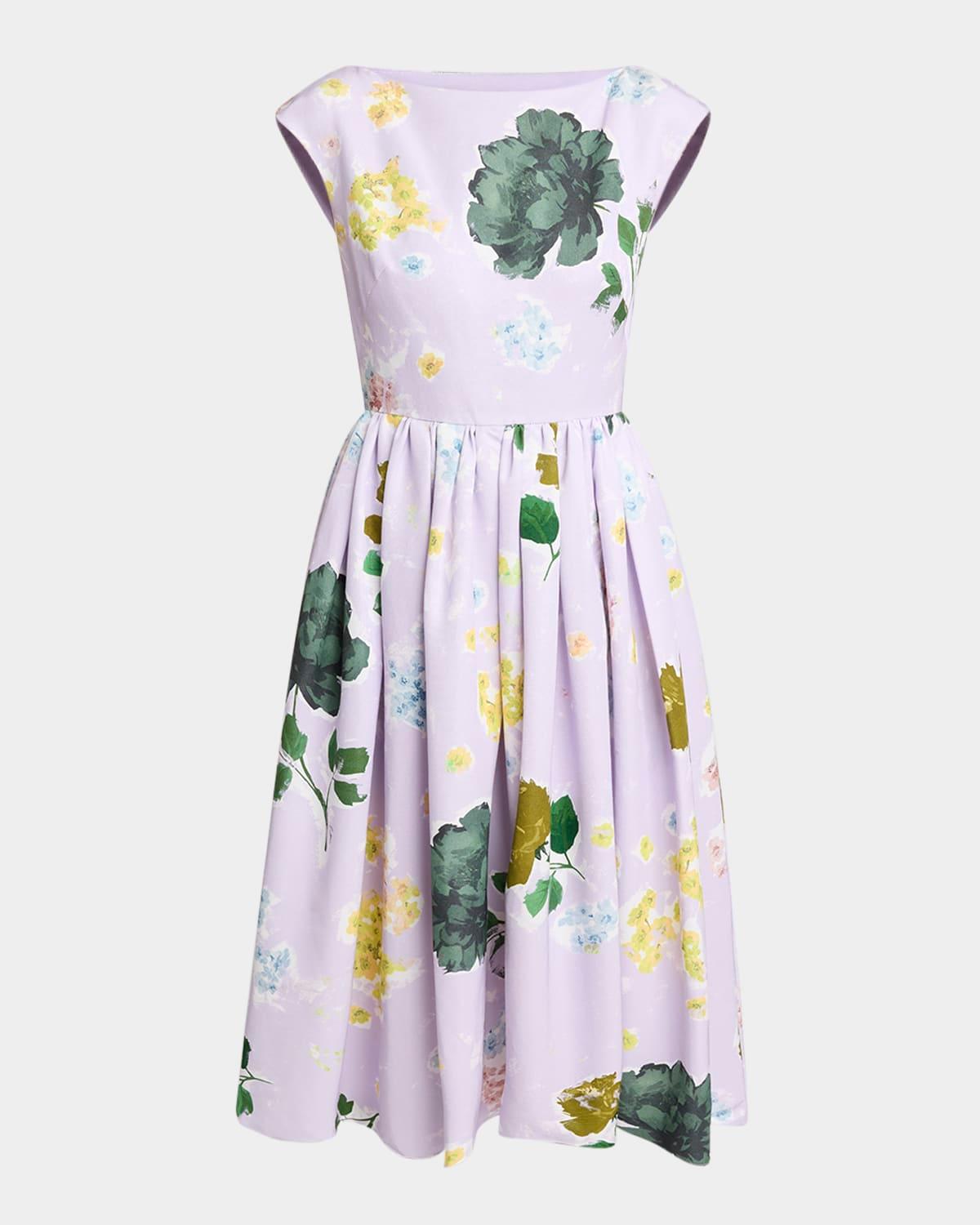 boat-neck floral-print pleated midi dress