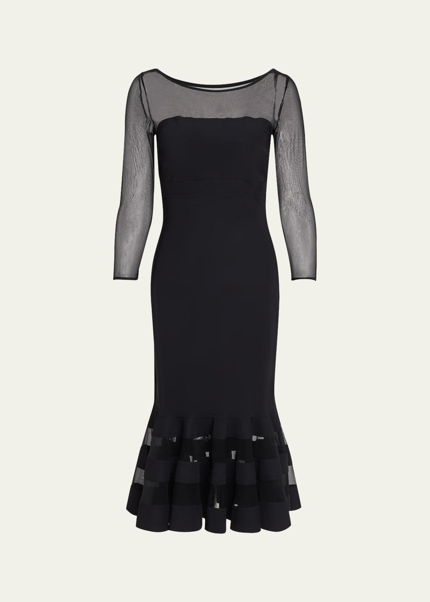 boat-neck illusion midi dress