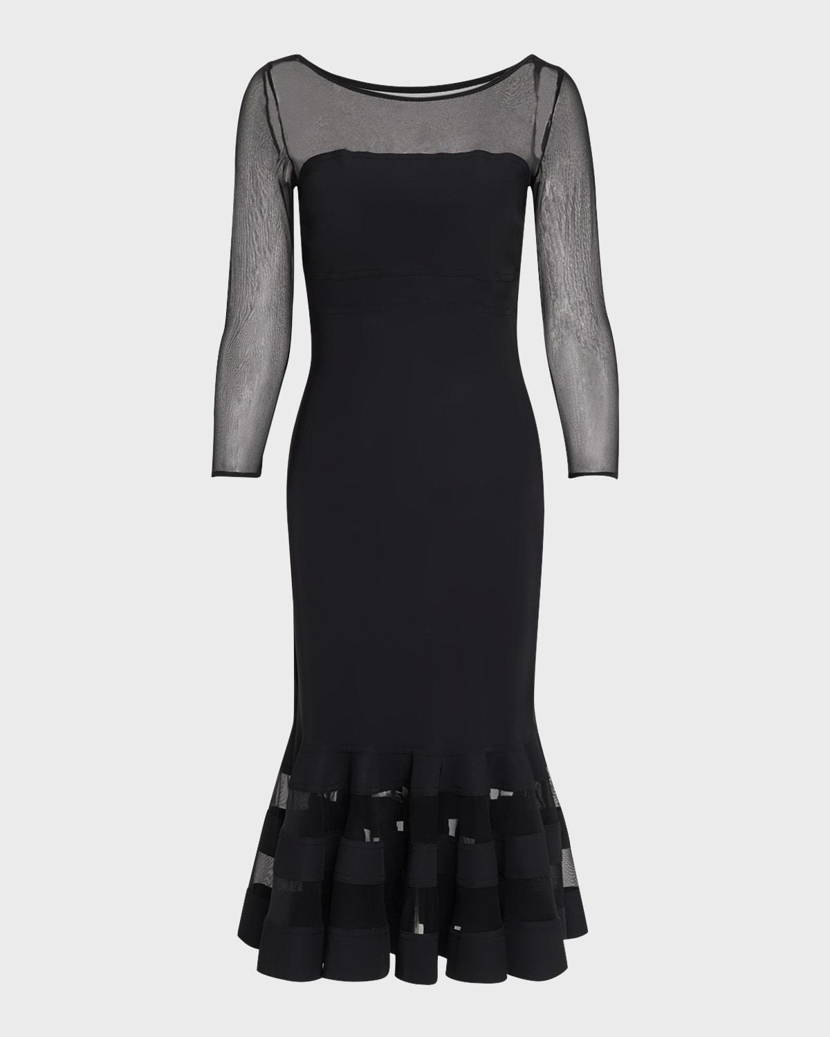 boat-neck illusion midi dress