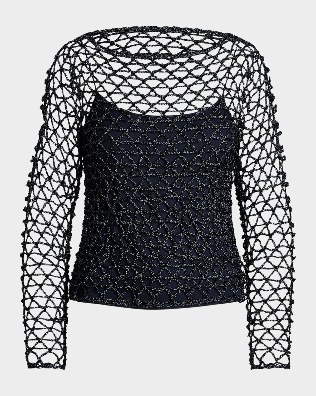boat-neck metallic crochet knit sweater
