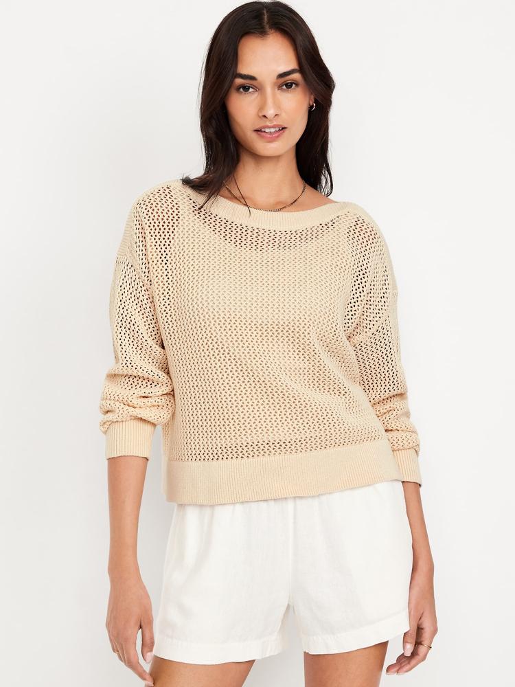 boat-neck open-stitch sweater
