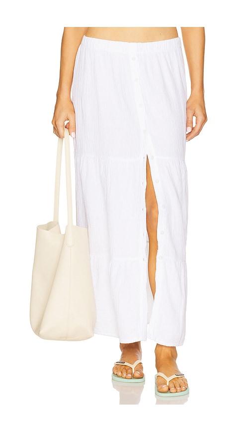 bobi tiered button front maxi skirt in white.