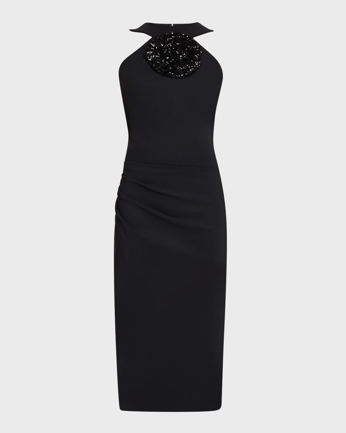 bodycon flower-embellished halter midi dress