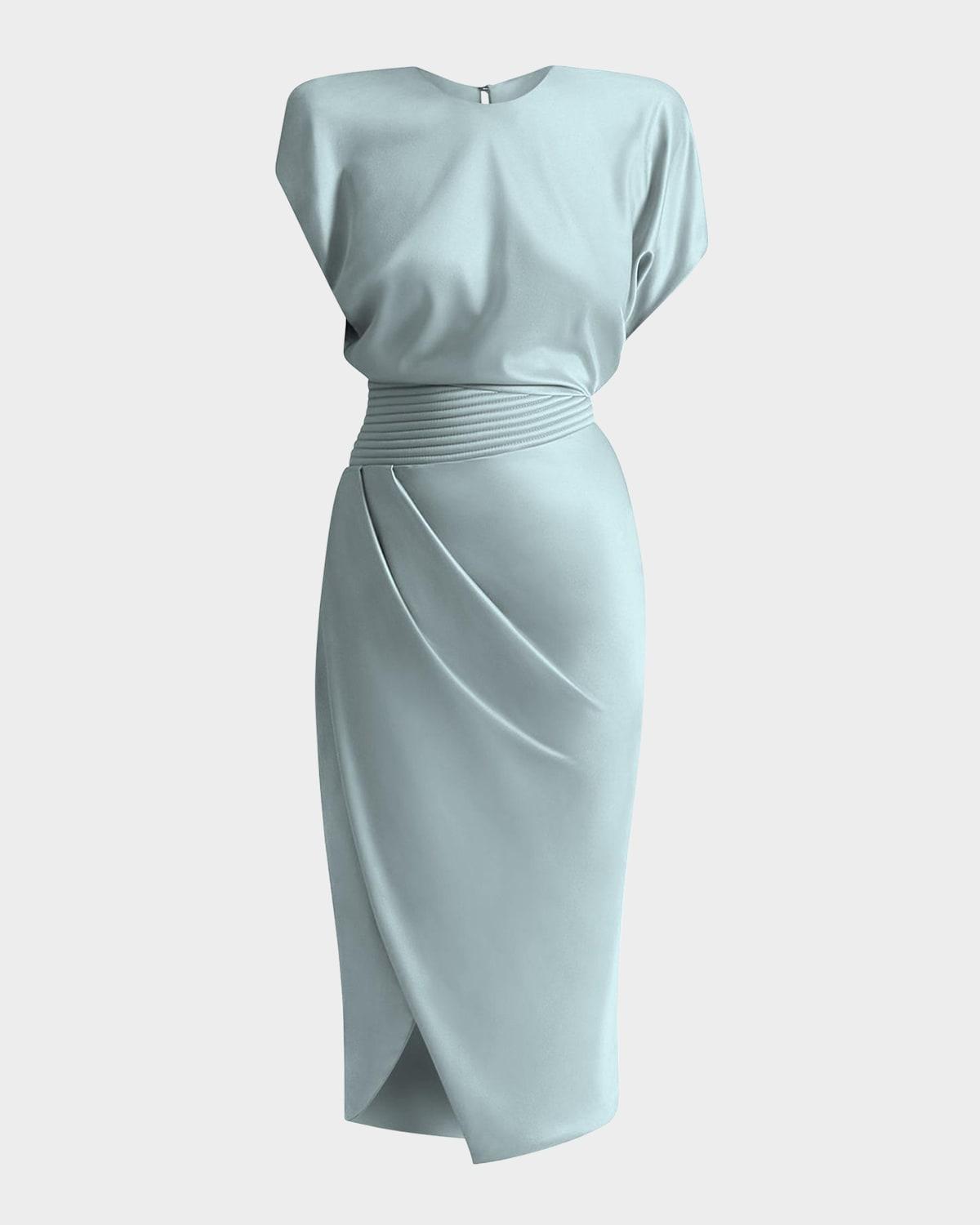 bond draped stretch satin midi sheath dress
