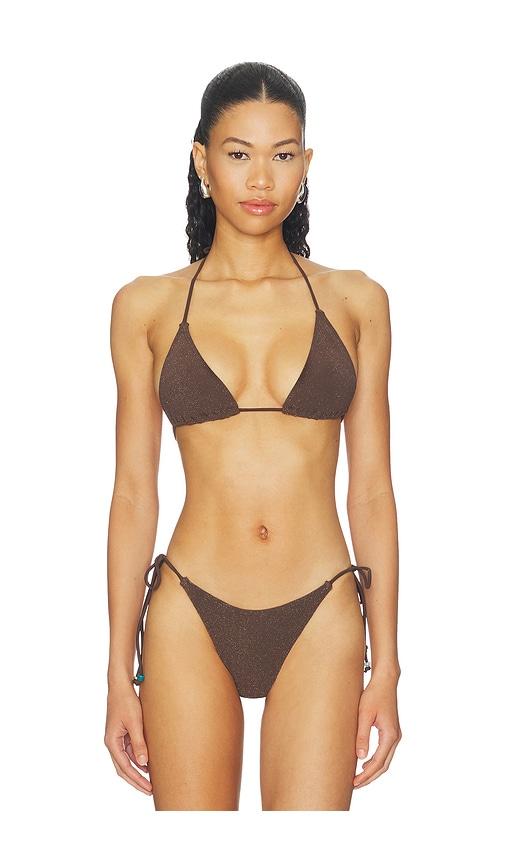 bond eye beaded ingrid triangle bikini top in chocolate.