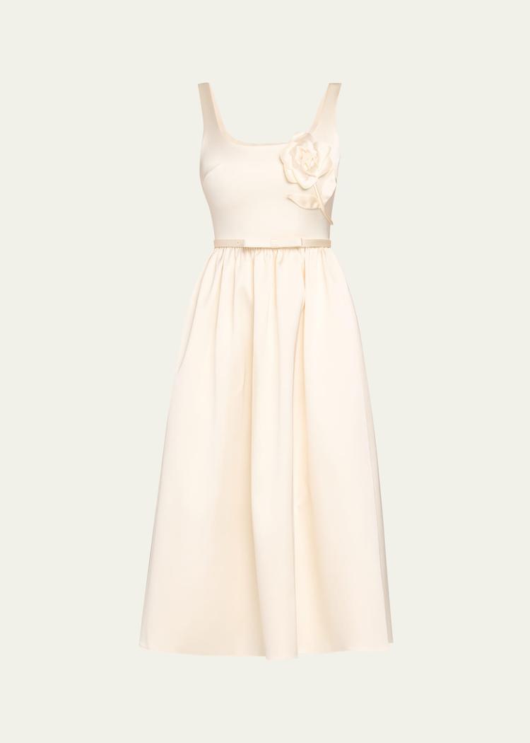 bonded satin flower midi dress