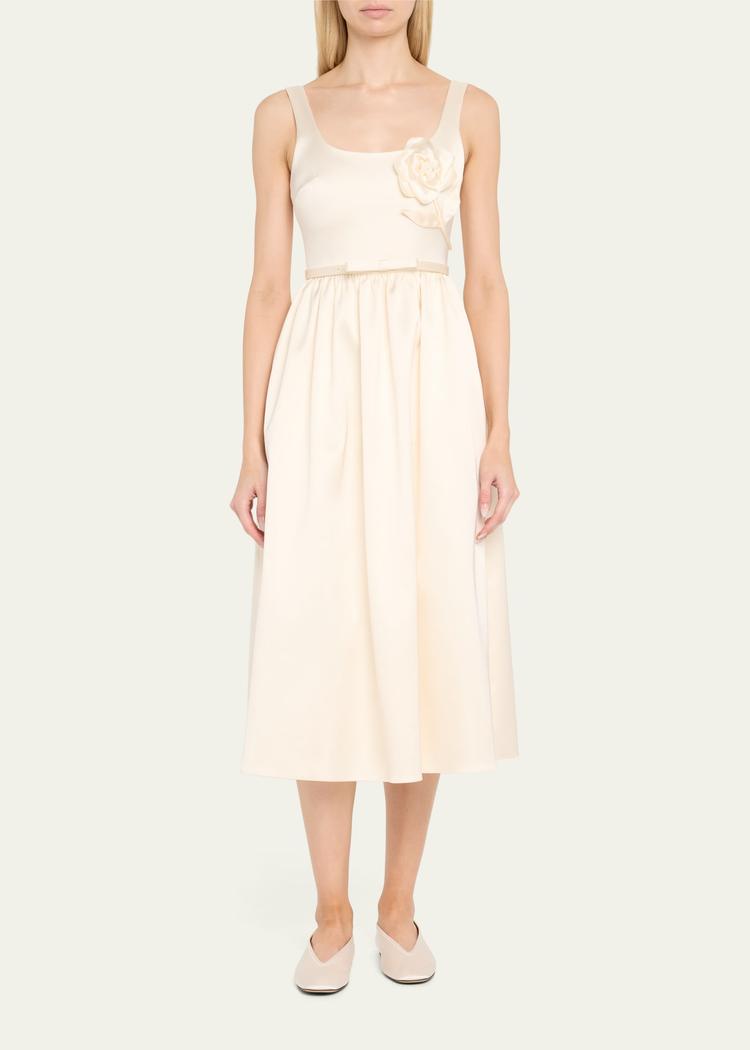 bonded satin flower midi dress