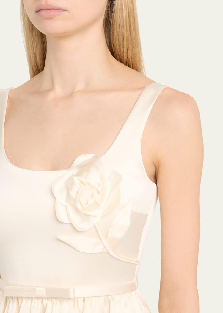 bonded satin flower midi dress
