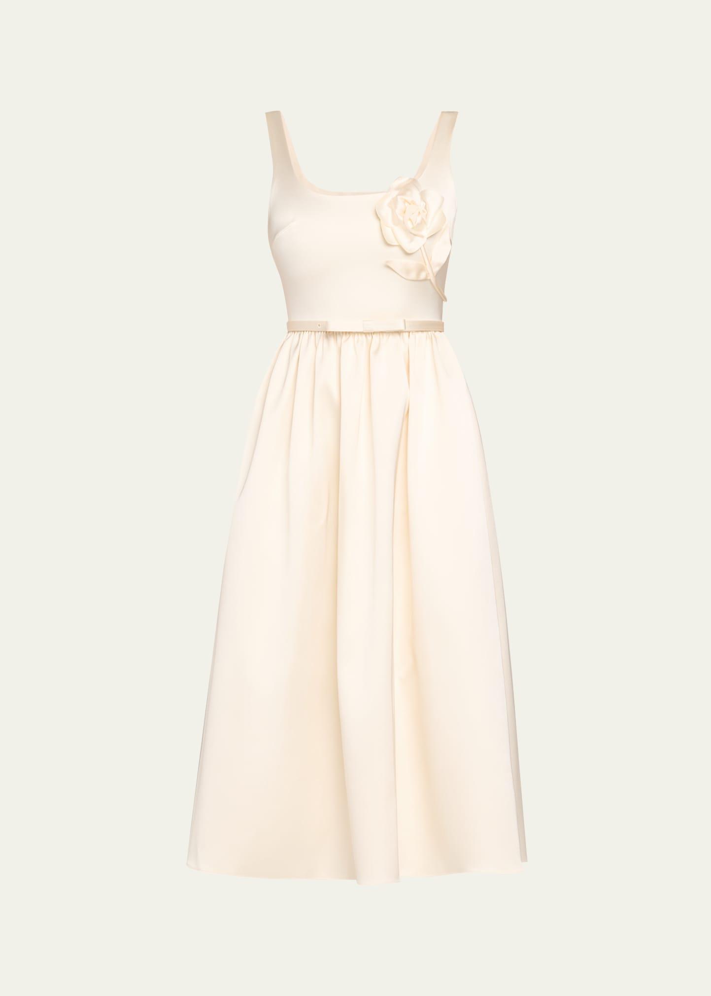 bonded satin flower midi dress